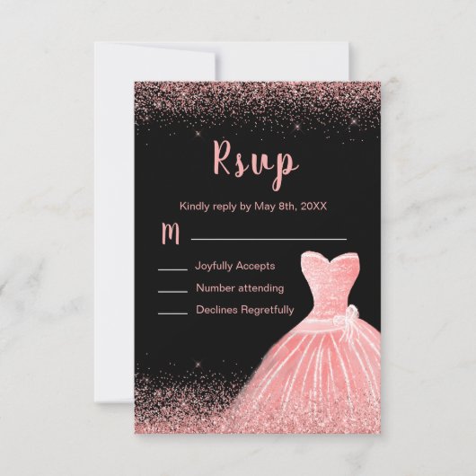 Rose Pink Dress Faux Glitter Sweet 16 Birthday RSVP Karte (Vorderseite)
