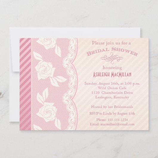 Rose Pink, Elfenbeinfloral Spitzen Brautparty Einl Einladung (Vorderseite)