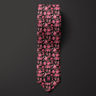 Rose Pink Floral Black Neck Tie Krawatte