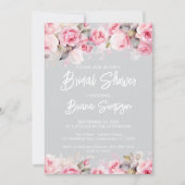 Rose Pink Floral Gray Bridal Shower  Einladung (Vorderseite)