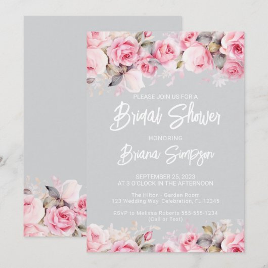 Rose Pink Floral Gray Bridal Shower  Einladung (Vorne/Hinten)