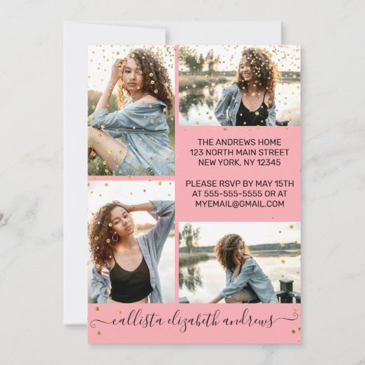 Rose Pink Gold Confetti FotoCollage Abschluss Einladung (Rückseite)