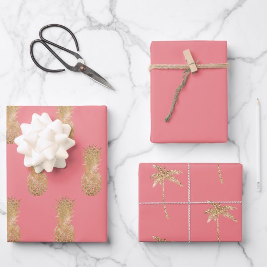Rose Pink Gold Glitzy Ananas Geschenkpapier Set (Vorderseite)