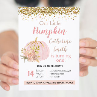 Rose Pink Gold Pumpkin 1. Geburtstag Einladung