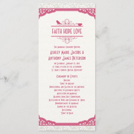 Rose Pink Ivory Lace Birds Hochzeitsprogramm Programm (Vorderseite)