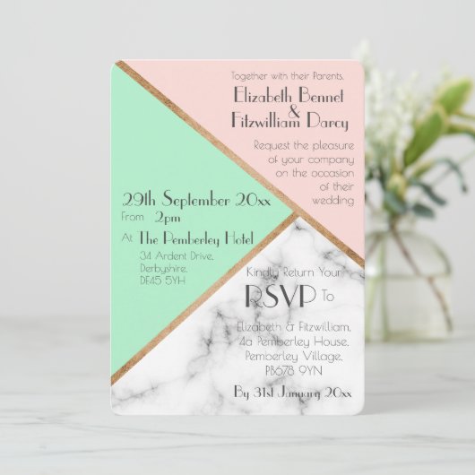 Rose Pink & Mint Grüne Hochzeit Einladung (Stehend Vorderseite)