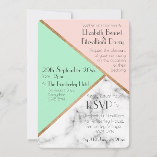 Rose Pink & Mint Grüne Hochzeit Einladung (Vorderseite)