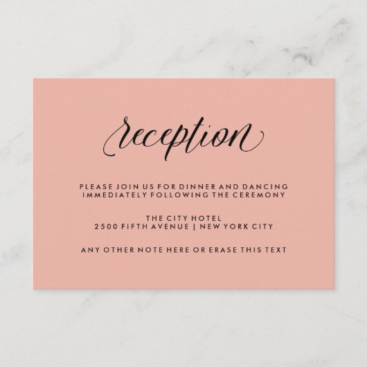 Rose Pink mit Schwarz-Kalligrafie Hochzeitsempfang Begleitkarte (Vorderseite)