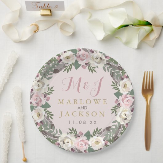 Rose Pink Moody Floral Boho Wedding Monogram Pappteller (Hochzeit)