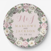 Rose Pink Moody Floral Boho Wedding Monogram Pappteller (Vorderseite)