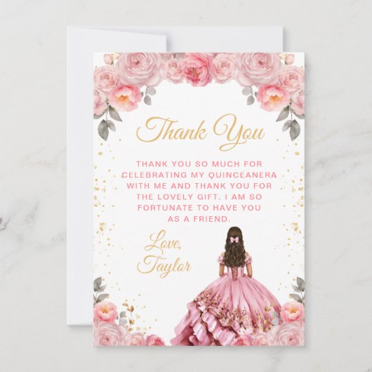 Rose Pink Prinzessin Floral Quinceñera Dankeskarte (Vorderseite)