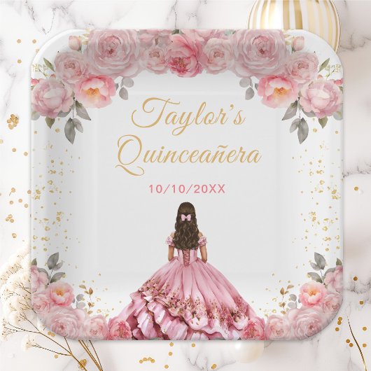 Rose Pink Prinzessin Floral Quinceñera Pappteller