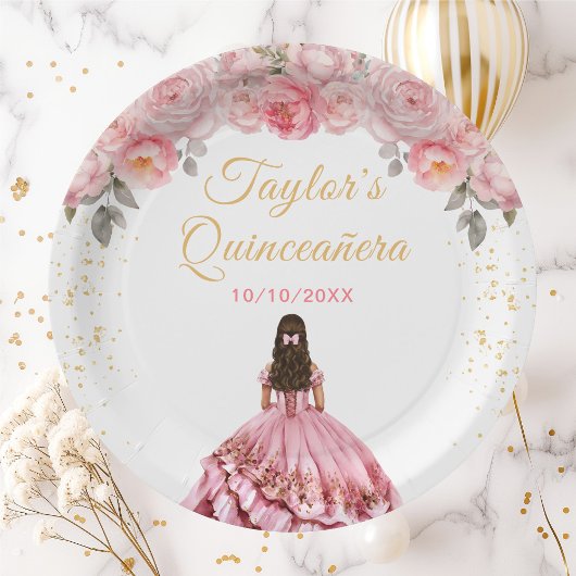 Rose Pink Prinzessin Floral Quinceñera Pappteller