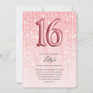 Rose Pink Twinkle Light Foil Ballon 16. Geburtstag Einladung