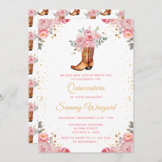 Rose Pink und Gold Floral Cowboy Boot Quinceañera Einladung (Vorne/Hinten)