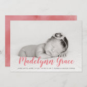 Rose Pink Watercolor Girl Foto Geburtsankündigung Einladung (Vorne/Hinten)