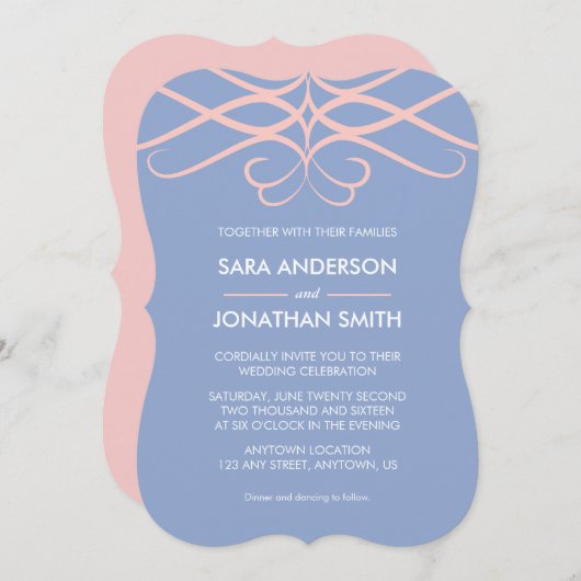 Rose Quartz & Blue, elegante Schnörkel Hochzeit Einladung (Vorne/Hinten)