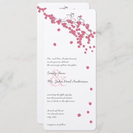 Rose Quartz Pink Cherry Blossom Chickadee Wedding Einladung (Vorne/Hinten)