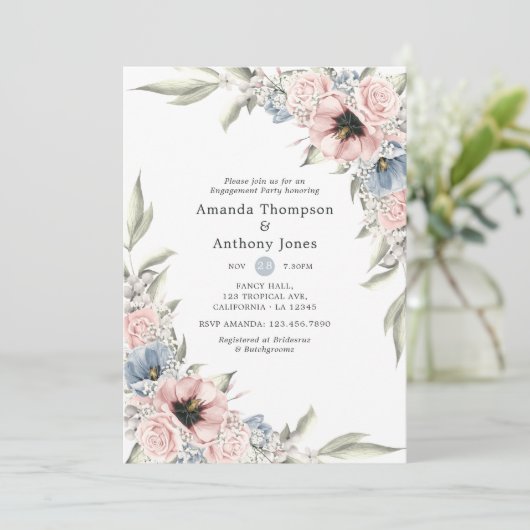 Rose Quartz und Serenity Floral Engagement Party Einladung (Stehend Vorderseite)