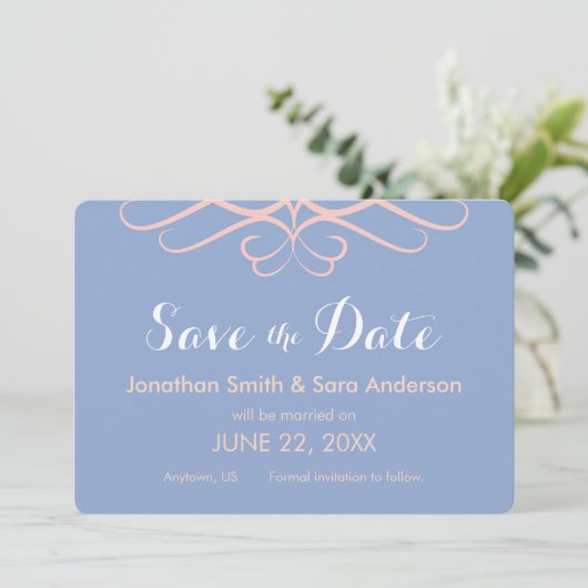 Rose Quarz auf blau, elegant Save the Date (Stehend Vorderseite)