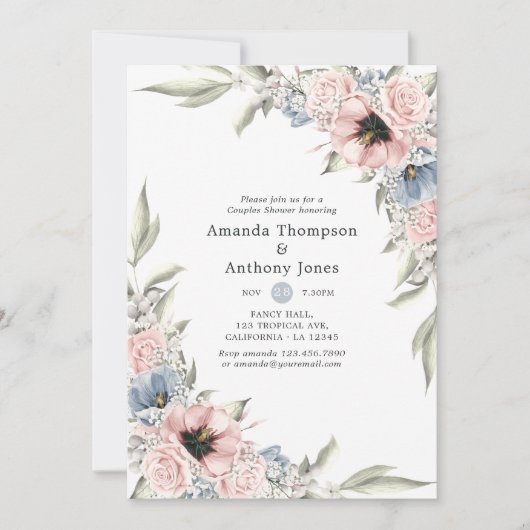 Rose Quarz und Serenity Blumenpaare Dusche Einladung (Vorderseite)