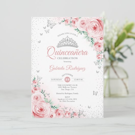 Rose Quinceanera Einladung (Stehend Vorderseite)