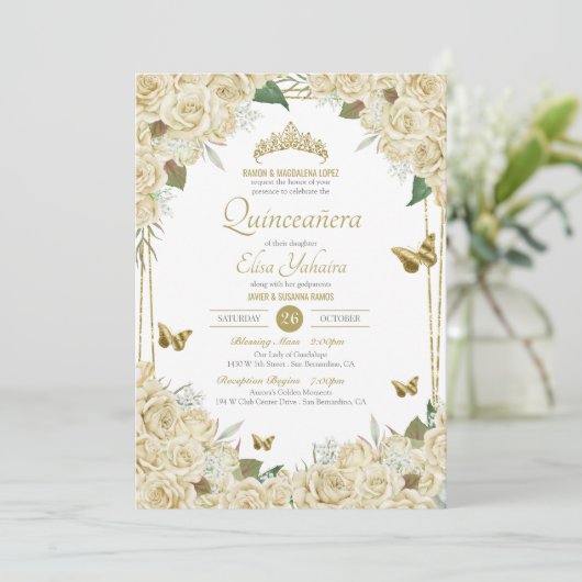 Rose Quinceanera Einladung (Stehend Vorderseite)