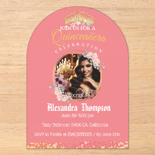 Rose Quinceañera-Feier Acryl-Einladung Acryleinladungen