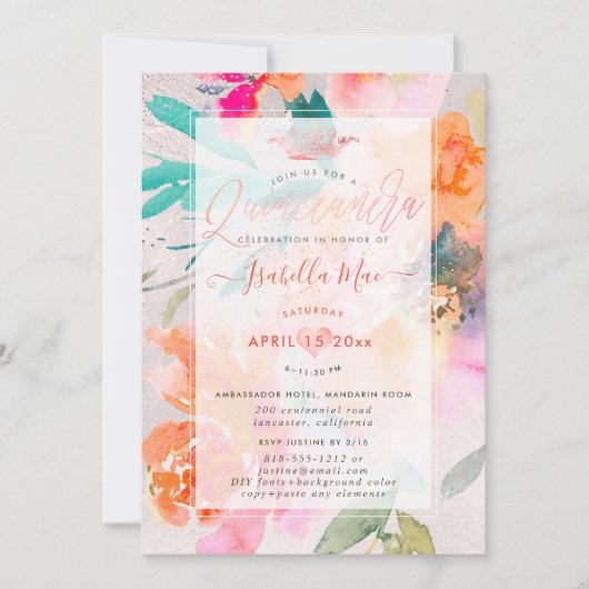 Rose Quinceanera Flora und Fauna Einladung (Vorderseite)