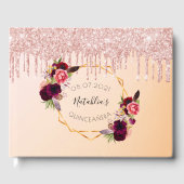 Rose Quinceanera Goldbarsch Rosa Glitzer Tropfen Gästebuch (Vorderseite)