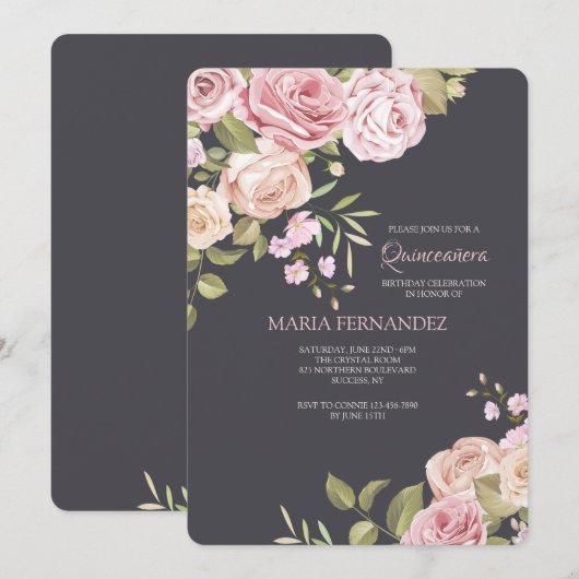 Rose Quinceñera Einladung (Vorne/Hinten)