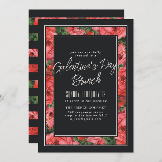 Rose Rahmen Galentinstag Einladung - Schwarz (Vorne/Hinten)
