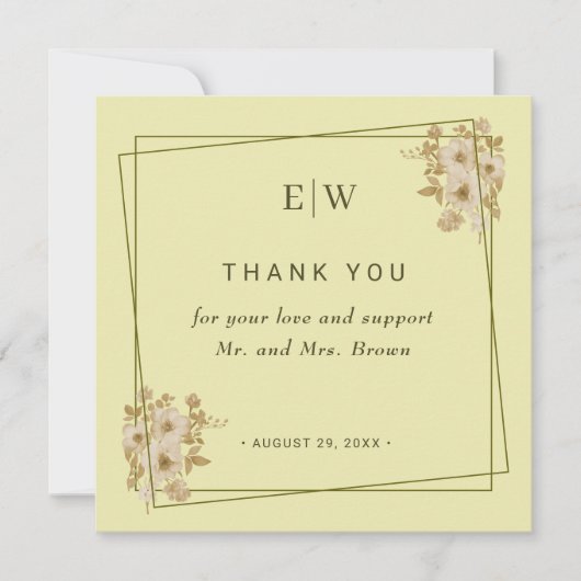 Rose-Rahmen - Mongram, Celestial Yellow Wedding Dankeskarte (Vorderseite)