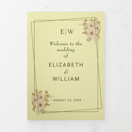 Rose-Rahmen - Mongram, Celestial Yellow Wedding Dreifach-gefaltete Programmkarte (Cover)