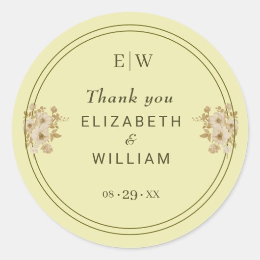 Rose-Rahmen - Mongram, Celestial Yellow Wedding Runder Aufkleber (Vorderseite)