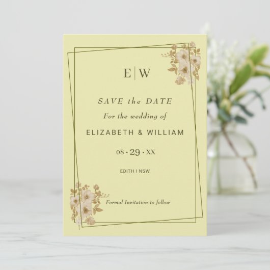 Rose-Rahmen - Mongram, Celestial Yellow Wedding Save The Date (Stehend Vorderseite)