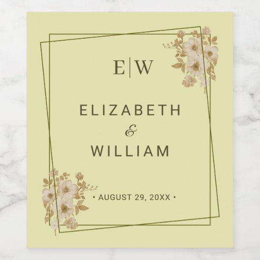 Rose-Rahmen - Mongram, Celestial Yellow Wedding Weinetikett (Einzelnes Label)