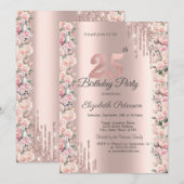 Rose Rahmen Tropfen Rose Gold 25. Geburtstag Einladung (Vorne/Hinten)