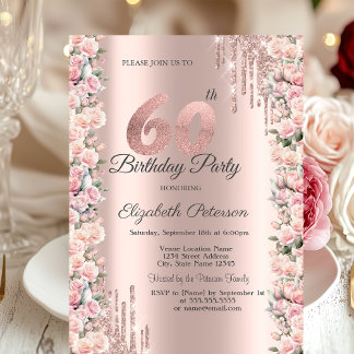 Rose Rahmen Tropfen Rose Gold 60. Geburtstag Einladung