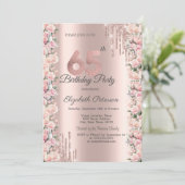 Rose Rahmen Tropfen Rose Gold 65. Geburtstag Einladung (Stehend Vorderseite)