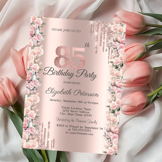 Rose Rahmen Tropfen Rose Gold 85. Geburtstag Einladung