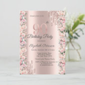 Rose Rahmen Tropfen Rose Gold 90. Geburtstag Einladung (Stehend Vorderseite)