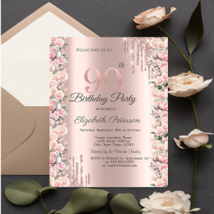 Rose Rahmen Tropfen Rose Gold 90. Geburtstag Einladung