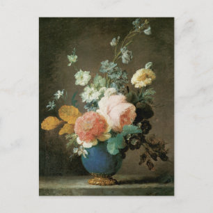 Rose, Ranunculus und andere Blume in einer Blauen  Postkarte