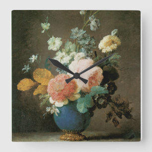 Rose, Ranunculus und andere Blume in einer Blauen Quadratische Wanduhr
