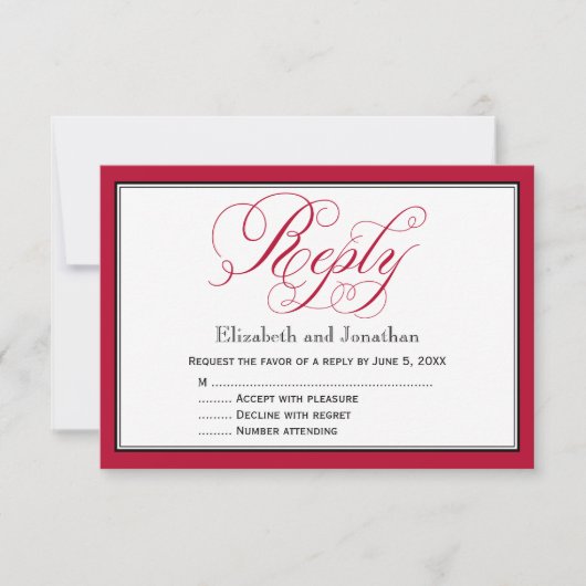 Rose Red Black and White Script Wedding Repcard RSVP Karte (Vorderseite)