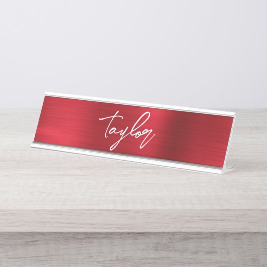Rose Red Foil Modern Brush Script Vorname Schreibtischnamensplakette (Vorderseite )