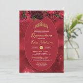 Rose Red Gold Luxus Butterfly Quinceanera Einladung (Stehend Vorderseite)