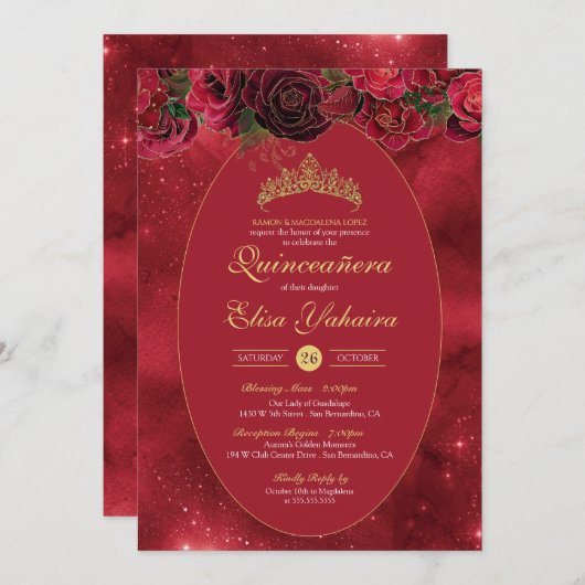 Rose Red Gold Luxus Butterfly Quinceanera Einladung (Vorne/Hinten)