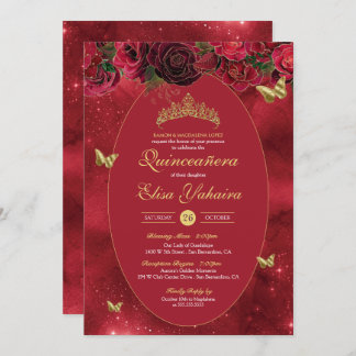 Rose Red Gold Luxus Butterfly Quinceanera Einladung